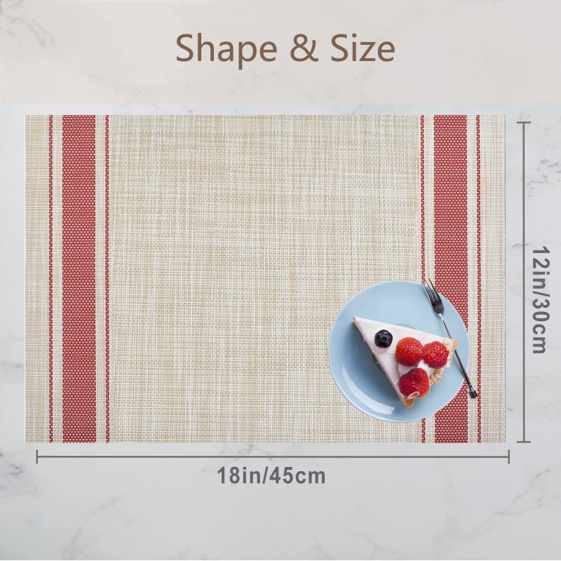 DACHUI Placemats Set of 4, Soft & Elegant Woven Vinyl Place Mats, Water Resistant, Heat Resistant, Washable, Durable Table Mats (Red Stripes) - Image 5